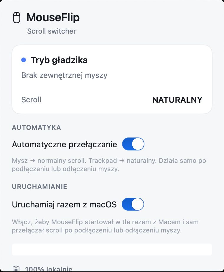 Okno ustawień MouseFlipper z automatycznym przełączaniem scrolla